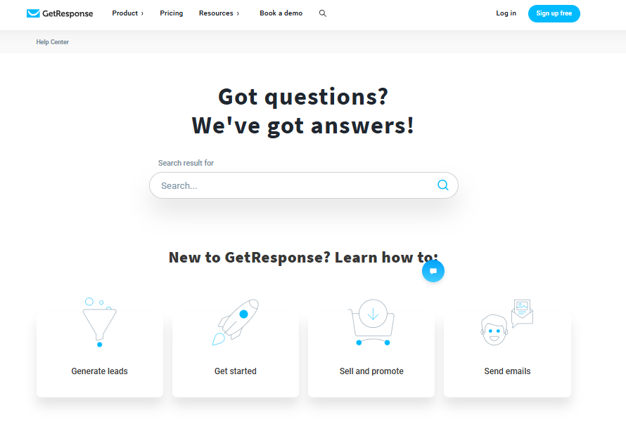 GetResponse's help center with a search bar for questions
